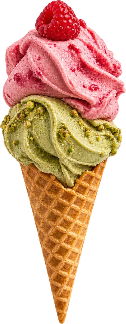 Pistachio and rose gelato in a waffle cone