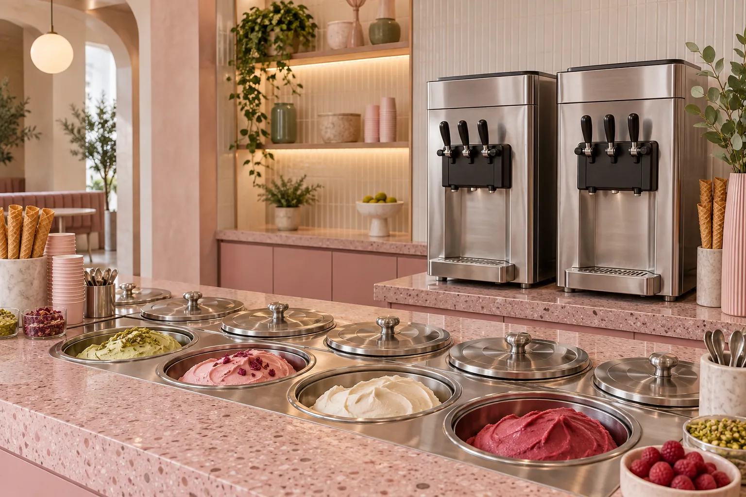 Lidded gelato wells and frozen yogurt machines on a pink terrazzo counter