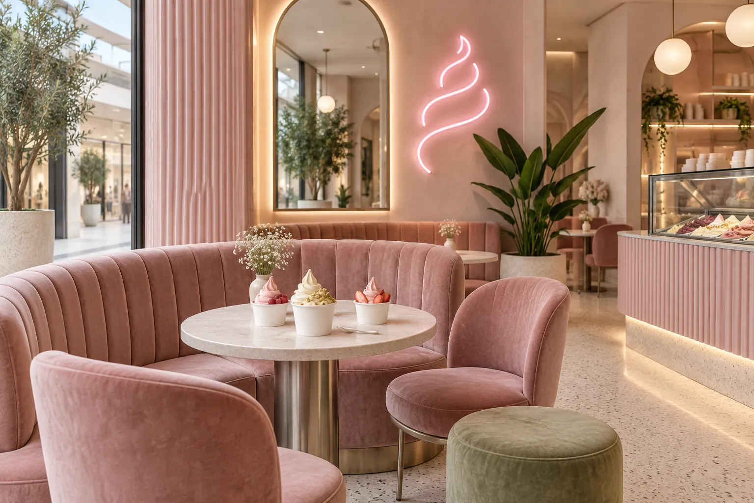 Pink velvet seating area with frozen yogurt cups