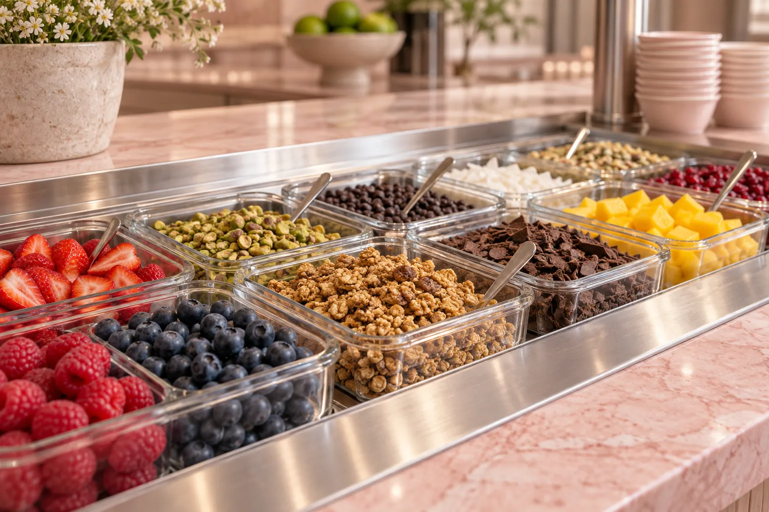 Frozen yogurt toppings bar with fresh fruit and nuts